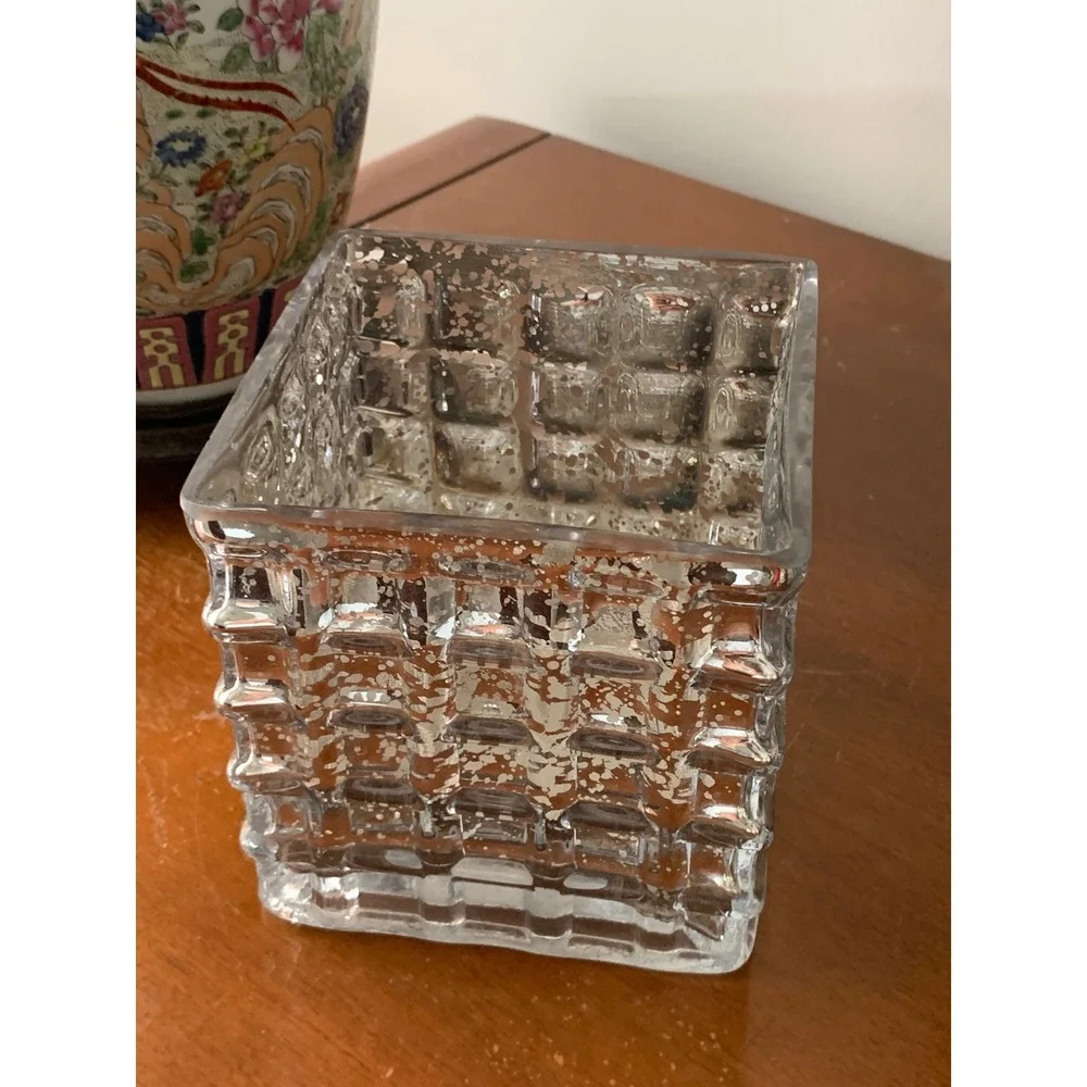 Mercury Glass Square Vase Silver Textured Grid Planter Candle Holder 4.5in